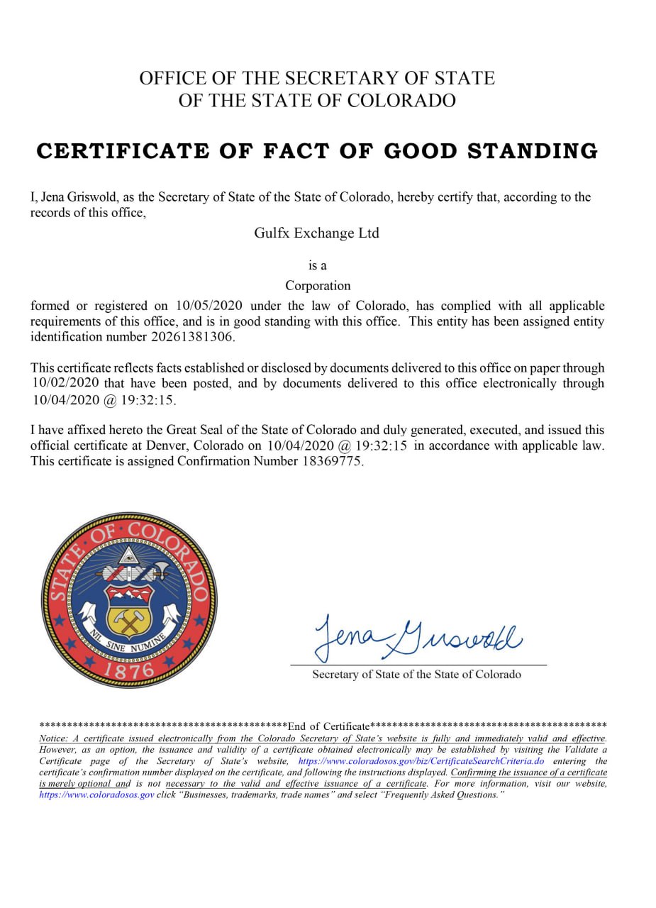 Colorado certificate of good standing for Gulfx Exchange Ltd, dated October 2020