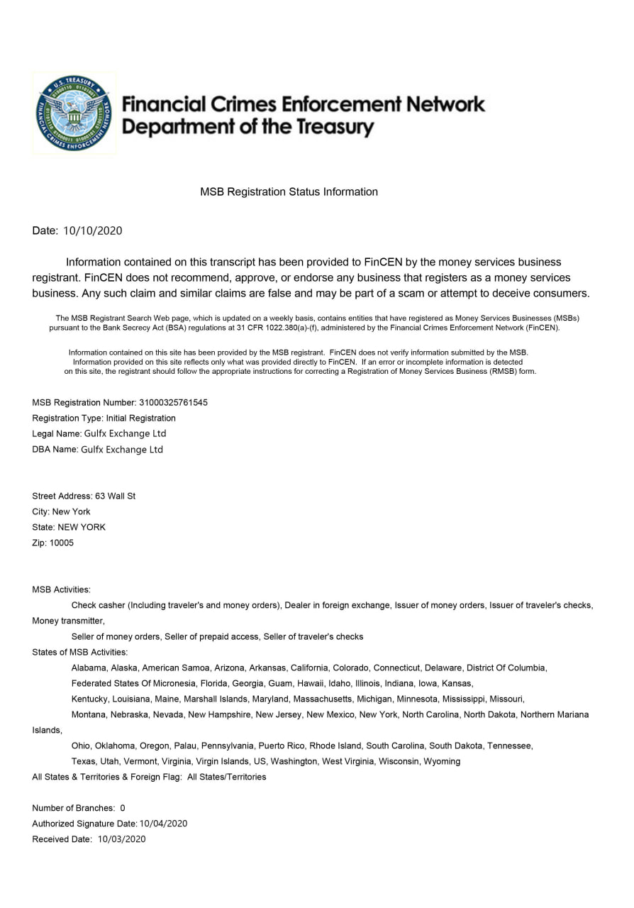 FinCEN MSB registration-status transcript for Gulfx Exchange Ltd, dated October 2020